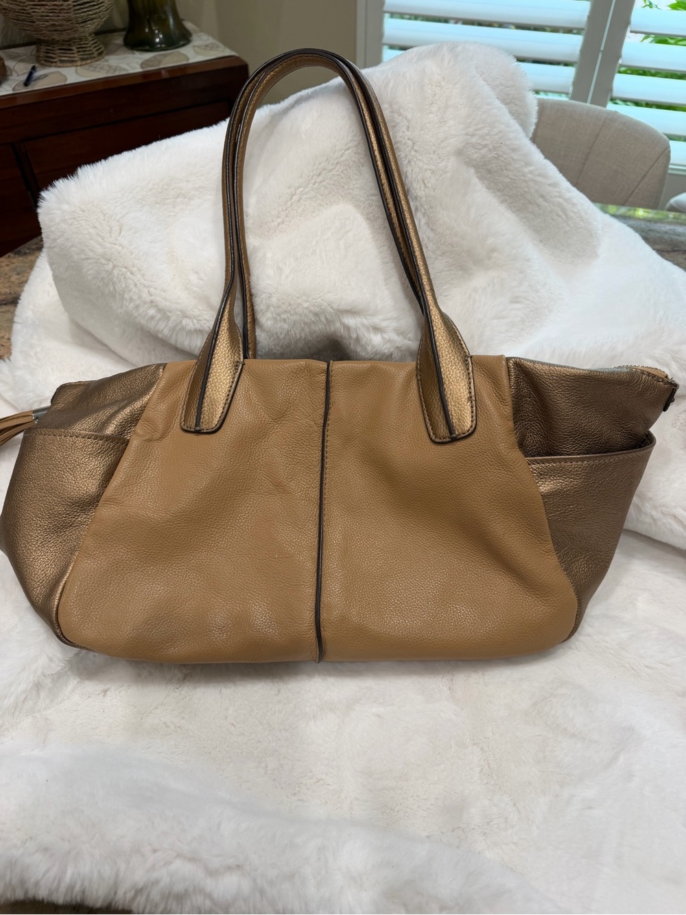 Women’s Tan and Metallic Gold Leather Shoulder Bag